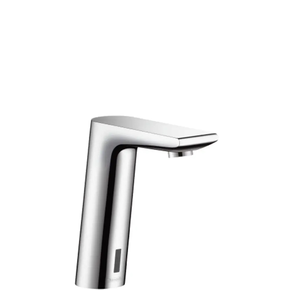 Hansgrohe-Waschtischmischer mit elektronischer Steuerung, chromfarbig, mit Temperaturvoreinstellung. Schnelle Wasserabgabe durch sensorgesteuertes Design.